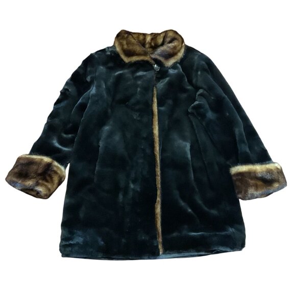 Vintage Tally-Ho Faux Fur Coat XL Black & Brown Clip Closure Pockets Womens - Picture 1 of 5